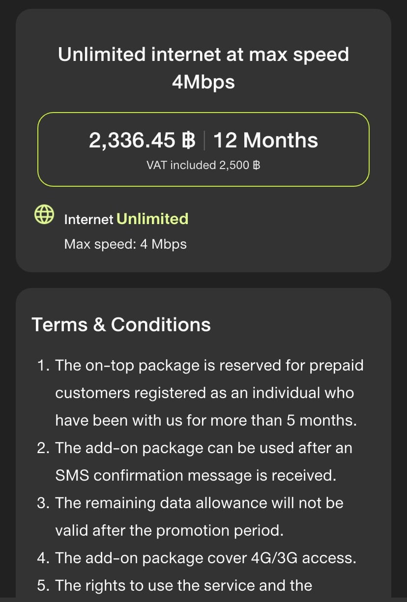 The AIS package screen: unlimited internet at max speed 4Mbps, 2,336.45 baht plus VAT for 12 months, with terms stating the add-on is for prepaid customers registered as individuals who have been with AIS for more than five months